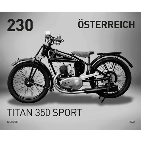 19aa5cfbf77a42953bb33d13602c0812ed0e41f9.jpg Briefmarke Österreich 2022, Nominale 2,30 Euro: Titan 350 Sport Oldtimer-Motorrad in Schwarz-Weiß.