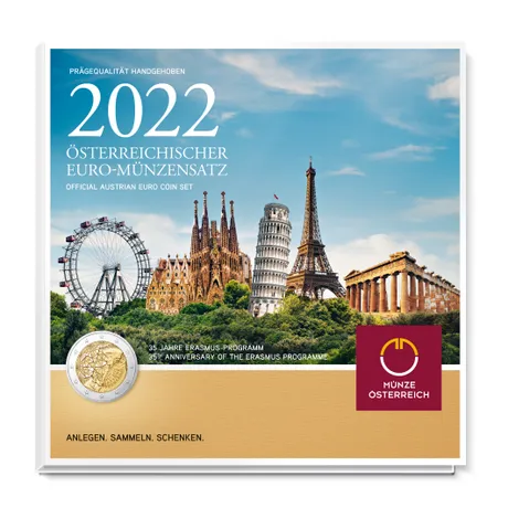 2022 Austrian Euro coin set by Münze Österreich, featuring European landmarks and celebrating 35 years of Erasmus.