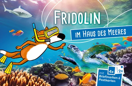 PKH_Fridolin_Haus des Meeres Illustration: Fridolin der Fuchs schnorchelt mit einer Meeresschildkröte, wirbt für Briefmarken und Postkarten der Österreichischen Post.