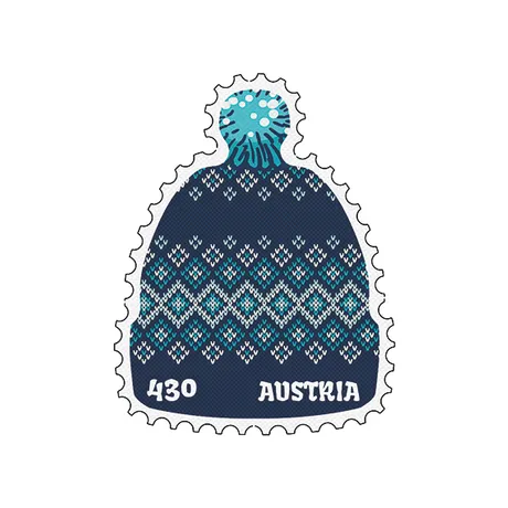 fd053ba2f46216593939ee305329c150b454da47.jpg Austrian Post stamp 2023, nominal value 4.30 euros: winter hat design in blue and white.