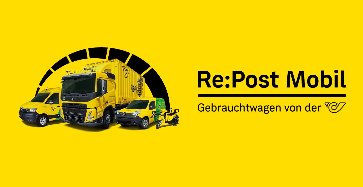 Gelbe Fahrzeuge der Österreichischen Post mit 'Re:Post Mobil'-Text für Gebrauchtwagen der Österreichischen Post.