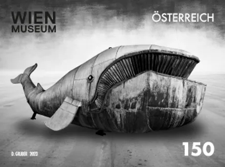 1738157f3c85daae484a23374bed305f7bcbdeab.png Briefmarke Österreich 2023, Nominale 1,50 Euro: Wien Museum mit Wal-Skulptur als Motiv.