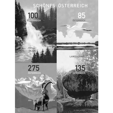 Briefmarken Österreich 2022: 1,00€ Krimmler Wasserfälle, 0,85€ Seewinkel, 2,75€ Dachstein, 1,35€ Blockheide.