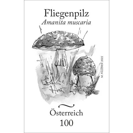 ab3b44c7bab38f596ff6a4feb4e7e4e94b954794.jpg Austrian stamp 2022, nominal value 1.00 Euro: Fly agaric illustration with botanical name Amanita muscaria.