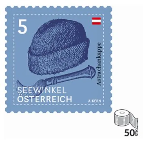 Austrian Post stamp 2023, 5 Euro: Seewinkel Austria, Astrachan cap and horn, roll of 50 stamps shown.