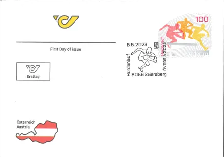 b928edf346ccfd0a79fb727f4506270b8f610246.jpg Ersttagsbrief mit Post-Logo, Österreich-Karte und Briefmarke 2023 'Hürdenlauf, 1,00 Euro'.