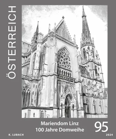 SD_100 Jahre Mariendom Linz_0424 Briefmarke Österreich 2024, Nominale 0,95 Euro: Mariendom Linz, 100 Jahre Domweihe, schwarz-weißes Design.