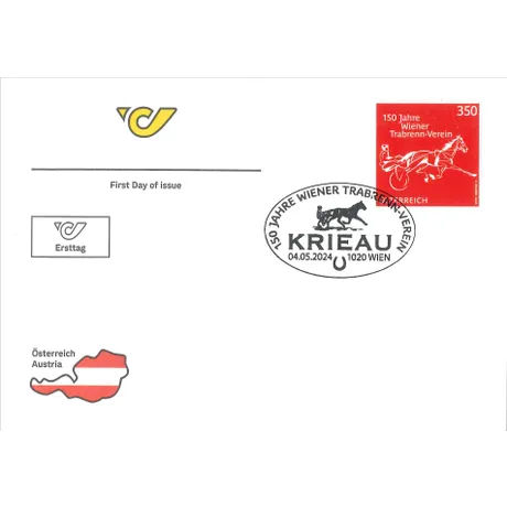 First day cover with Austrian Post stamp '150 Years Wiener Trabrenn-Verein', nominal value 3.50€, red design.