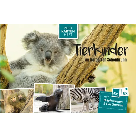 67ff728720cf17fe58c701dda1592acb75aeb56c.png Austrian Post postcard booklet 'Animal Babies in Schönbrunn Zoo' with 6 stamps and 6 postcards featuring animals.