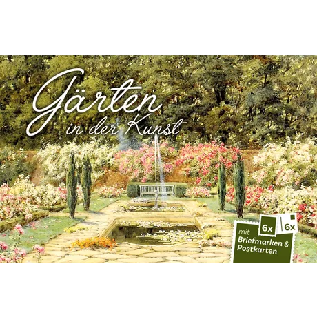 Austrian Post set &#039;Gardens in Art&#039; with 6 stamps and 6 postcards, featuring a painted garden scene with a fountain.