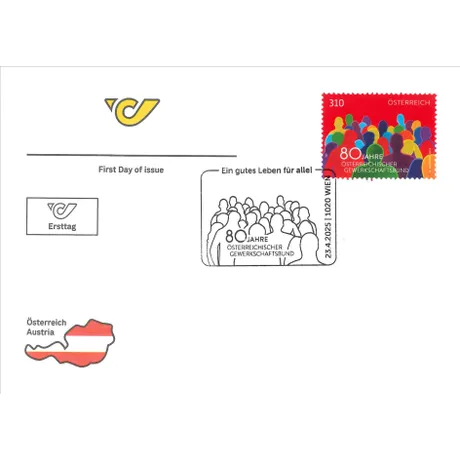 First day cover with Austrian Post stamp '80 Years Austrian Trade Union Federation, 2025, 3.10 Euro' and special postmark.