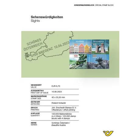 Sondermarkenblock 'Schönes Österreich' 2023, €6,70, mit österreichischen Sehenswürdigkeiten, Ausgabe 10.06.2023.
