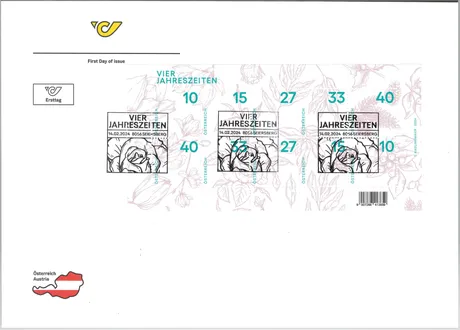 Austrian Post first day cover with 'Four Seasons' stamps, issued on 14.02.2024 in Seiersberg, Austria.