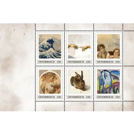 Ein Satz Briefmarken Österreich 2023, Nominale 1,00 Euro, mit berühmten Kunstwerken wie 'Die große Welle' und 'Blaues Pferd'.
