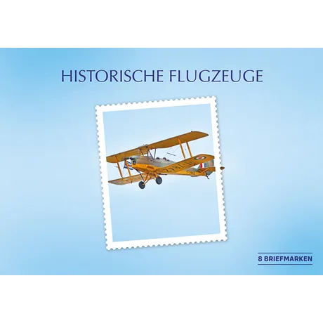 5d66c23ce1e1fec6b7f099c222da4dc9bf2f17de.jpg Briefmarkenserie der Österreichischen Post 'Historische Flugzeuge': Gelbes Doppeldecker-Flugzeug auf hellblauem Hintergrund, 8 Briefmarken.