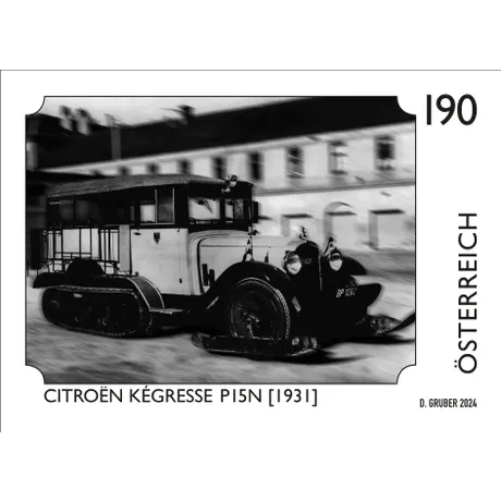 SD_Citroen Kegresse P15N_0824 Austrian Post stamp 2024, nominal value 1.90 Euro: Citroën Kégresse P15N (1931) historic vehicle in black and white.