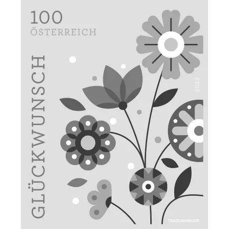 Austrian Post stamp 2023, nominal value 1.00 Euro: Floral motif with 'Congratulations' text in grayscale.