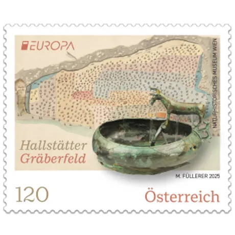 225350-Hallstätter-Gräberfeld-ONLIENSHOP Austrian stamp 2023, nominal value 1.20 euros: Hallstatt burial field with bronze bowl and horse figure.