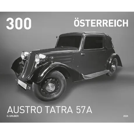 Briefmarke Österreich 2024, Nominale 3,00 Euro: Austro Tatra 57A Oldtimer in Schwarz-Weiß.