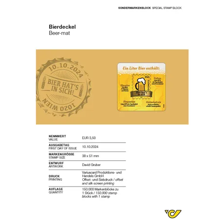 Austrian Post special stamp block 'Beer Mat', issued on 10.10.2024, nominal value €3.50, beer-themed design.