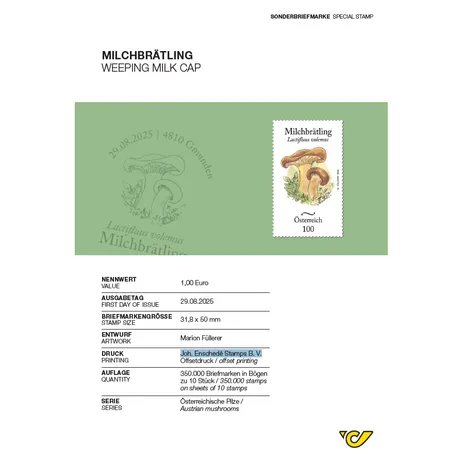 Description sheet for special stamp Lactifluus volemus with info on motif, nominal value and origin. Austria, year 2015.