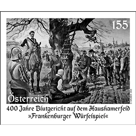 400 Jahre Frankenburger Würfelspiel Briefmarke Österreich 2025, Nominale 1,55 Euro: 400 Jahre Frankenburg Würfelspiel, historische Darstellung.