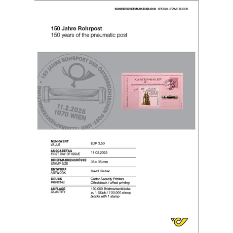 ABH_Februar25_Rohrpost_2_Eva-Frei Sonderbriefmarkenblock Österreich 2025, Nominale 3,50 €: 150 Jahre Rohrpost, rosa Design mit historischen Elementen.