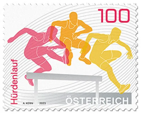 097863e75f570a6952ad482519f6e0fa36f9a6db.jpg Briefmarke Österreich 2023, Nominale 1,00 Euro: Hürdenlauf mit bunten Athleten in Bewegung, Österreich-Schriftzug sichtbar.