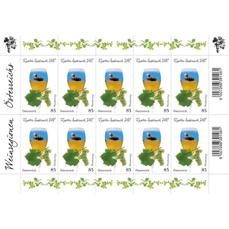 e60bba12a551301ab513ee91bf0f9e82acee3866.jpg Briefmarkenblock Österreich 2020, Nominale 0,85 Euro: Ruster Ausbruch DAC Wein mit Storch- und Traubenmotiv.