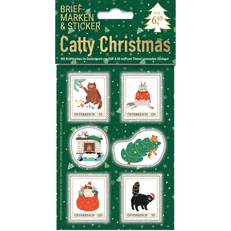 624024_Xmas-24-800_Web Briefmarkenset der Österreichischen Post 'Catty Christmas' 2023, Gesamtwert 4,30 €, mit festlichen Katzenmotiven und Stickern.