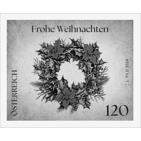 SD_WN-Weihnachtskranz_1124 Austrian stamp 2024, nominal value 1.20 euros: Christmas wreath with holly and berries, 'Frohe Weihnachten' text.