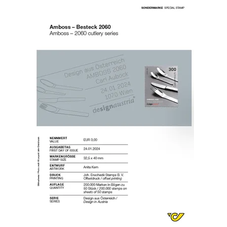 Austrian Post stamp 2024, value €3.00: Amboss 2060 cutlery design by Carl Auböck, part of 'Design in Austria' series.