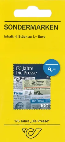 Austrian Post special stamp set: '175 Years Die Presse', 4 stamps at €1 each, yellow packaging with Post logo.