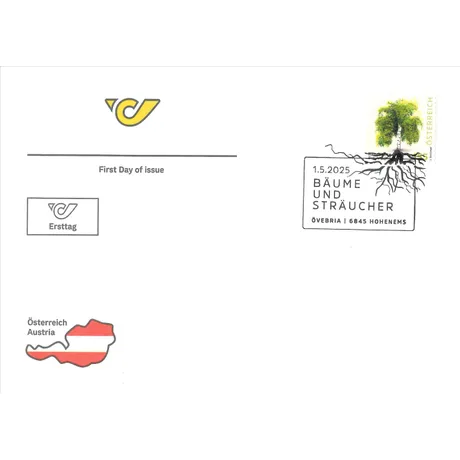 Silver birch – Betula pendula Austrian Post first day cover with 2025 stamp 'Trees and Shrubs,' nominal value €1.20, featuring a tree and roots.