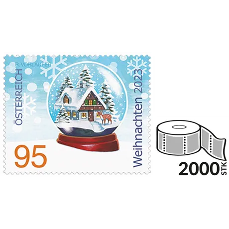 47c6a6a7cc8a647501d2e5006806b5edd10bd0b7.png Austrian Post stamp 2023, 0.95 Euro: Christmas snow globe with house and deer, roll of 2000 stamps.