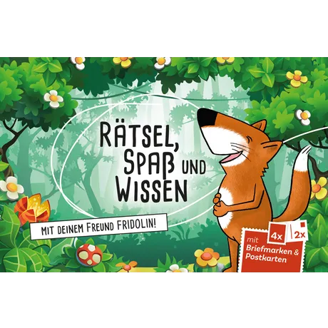 Illustration of a fox in a forest with text 'Puzzles, Fun, and Knowledge' and Austrian Post stamps and postcards offer.