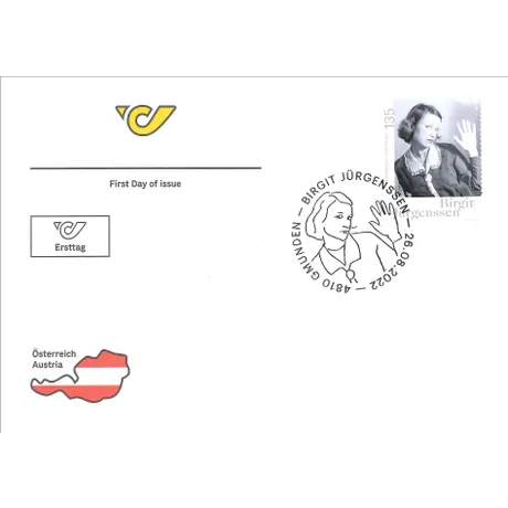 7372403fd7d2344c7e3b9766753b69e360928747.jpg First Day Cover by Austrian Post with Birgit Jürgenssen stamp, 1.35€, and Gmunden postmark, 26.08.2022.