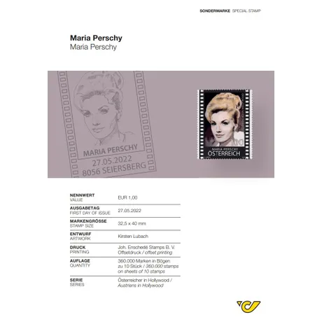 e05d942423caaa7192e406b68a04efa8b3a032b7.jpg Austrian Post stamp 2022, nominal value €1.00: Maria Perschy, part of the 'Austrians in Hollywood' series.