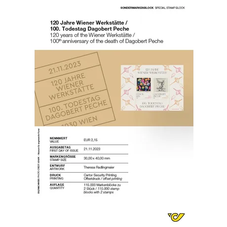884dea34b690742d937123054bd947e7cf917dd4.png Austrian Post special stamp block: '120 years of the Wiener Werkstätte / 100th anniversary of Dagobert Peche', €2.15.
