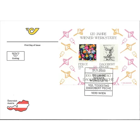 First day cover with Austrian Post stamps: &#039;120 Years Wiener Werkstätte&#039; featuring Felice Rix (120€) and Dagobert Peche (95€).