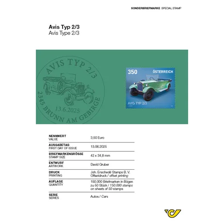 Avis Typ 2/3 Austrian Post special stamp 2025, 3.50 Euro: Avis Type 2/3 vintage car on blue background, series 'Cars'.