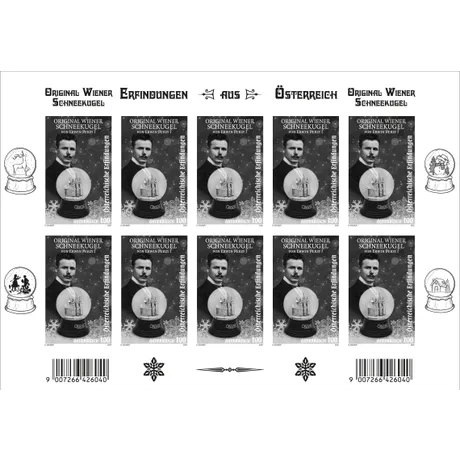 Kleinbogen mit zehn Briefmarken zum Thema „Original Wiener Schneekugel“. Jede Marke zeigt einen Mann mit Schnurrbart im Anzug vor einem blauen Hintergrund mit Schneeflocken. Unter dem Porträt ist eine Schneekugel mit seiner Büste abgebildet. Der Bogen enthält dekorative Schneekugel-Illustrationen und Barcodes. Kleinbogen mit zehn Briefmarken zum Thema „Original Wiener Schneekugel“. Jede Marke zeigt einen Mann mit Schnurrbart im Anzug vor einem blauen Hintergrund mit Schneeflocken. Unter dem Porträt ist eine Schneekugel mit seiner Büste abgebildet. Der Bogen enthält dekorative Schneekugel-Illustrationen und Barcodes.