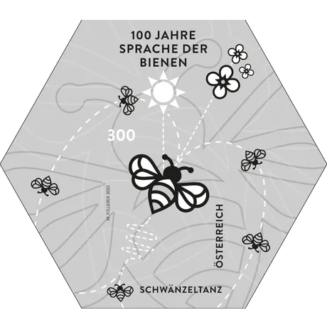 31240e69bb555464f0d3105952f5aa31195ed7c1.png Briefmarke Österreich 2023, Nominale 3,00 Euro: '100 Jahre Sprache der Bienen' mit Bienen und Schwänzeltanz-Pfaden.