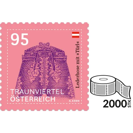 c34cfb3b6283e98dfad080a14585fbd00e19d67e.png Austrian Post stamp 2023, 0.95 Euro: Lederhose with embroidery, Traunviertel, pink background, roll of 2000 stamps.
