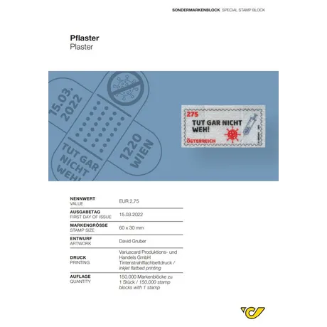 Sondermarkenblock 'Pflaster' der Österreichischen Post, Ausgabe 15.03.2022, Wert 2,75 €, Motiv 'Tut gar nicht weh!'.