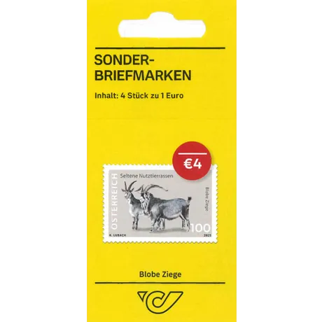 Austrian Post special stamp set, 2025, €1.00 each, featuring rare livestock breeds: Blobe goat. Pack of 4 for €4.