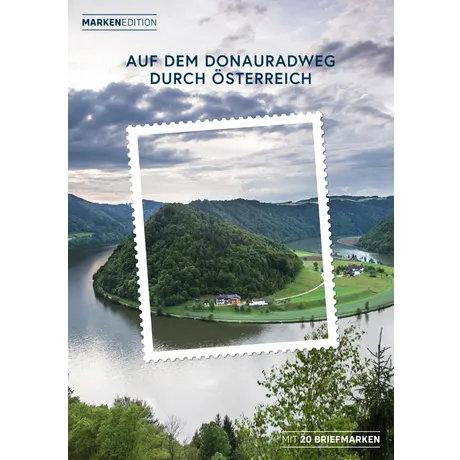 0f8882e7d224b59b11054a9fc2ef8f9f89d8162e.png Markenedition der Österreichischen Post 'Auf dem Donauradweg durch Österreich' mit 20 Briefmarken, Flusslandschaft.