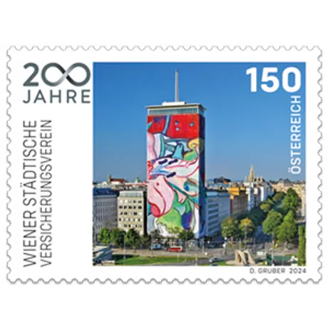 Austrian stamp 2024, nominal value 1.50 euros: 200 years of Wiener Städtische Versicherungsverein, colorful building facade.