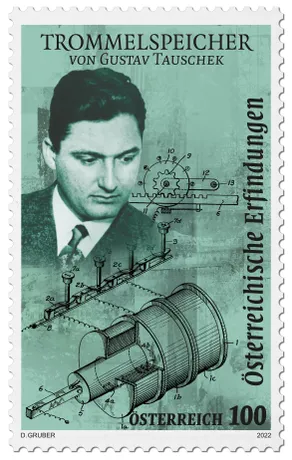 Austrian stamp 2022, nominal value 1.00 Euro: Gustav Tauschek and drum memory invention illustration.