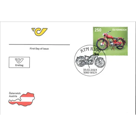 First day cover with Austrian Post stamp 2023, 2.50 Euro: KTM R100 motorcycle, green background, special postmark.